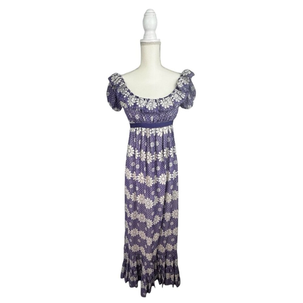 Late 1960s Anne Fogarty Soft Lavender Purple & White Floral Off Shoulder Empire